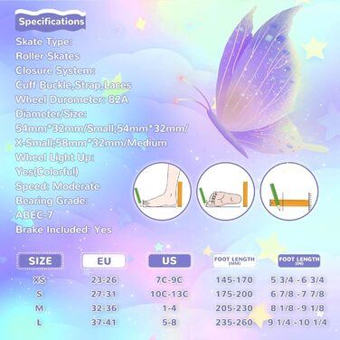 Дитячі ролики Nattork для дівчаток та хлопчиків, регульовані, 4 розміри, ролики на 4 колесах з малюнком метеликів та квітів, подарунок на день народження для занять спортом в приміщенні та на вулиці, розмір S (EU 27-31), фіолетовий