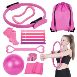 Набір для пілатесу: 13 елементів, кільце для пілатесу 38 см, фітбол 25 см, еластичні стрічки, рожевий. Обладнання для домашнього фітнесу