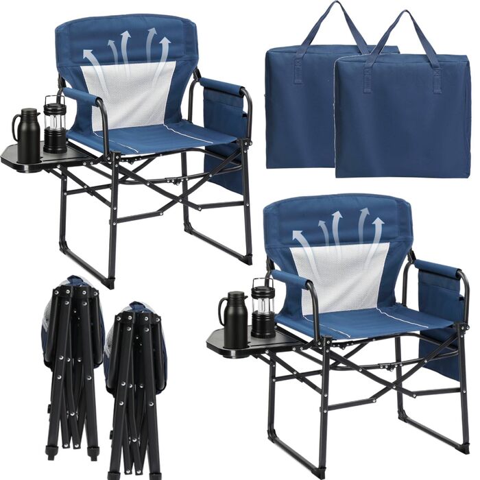 Кемпінговий стілець LEADZM складний зі столиком та відділенням для зберігання, дихаюча спинка, вантажопідйомність 10 кг, 600D Oxford, металевий каркас, 6x60x9 см, легкий та компактний для відпочинку на природі, риболовлі, фестивалів (2 шт., блакитний)