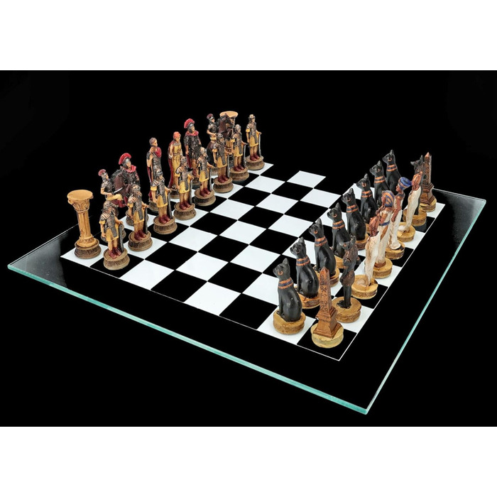 Шахи Єгиптян проти Римлян, кольорові, ручної роботи - набір шахів зі скляною дощечкою та фігурами, Антична історія