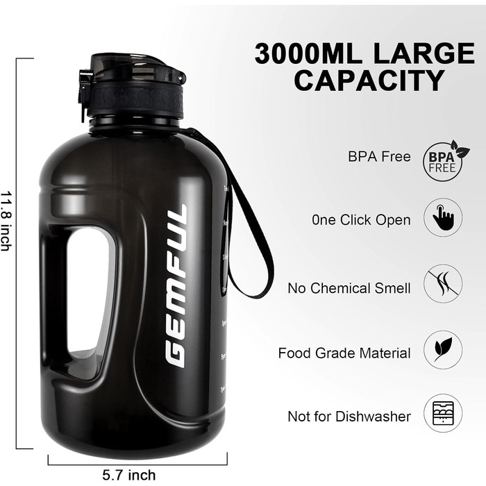 Пляшка спортивна GEMFUL 3л з мітками часу, соломинкою та ручкою, BPA-free, герметична, для фітнесу, тренувань та активного зволоження (Сіра/Чорна)