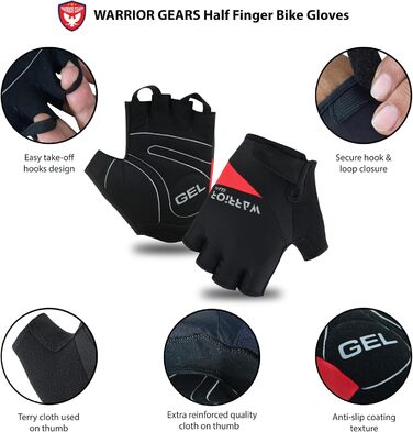 Фінґерлесс велорукавички Halbfinger для чоловіків, червоно-чорні, з гелевою підкладкою та неслизьким покриттям