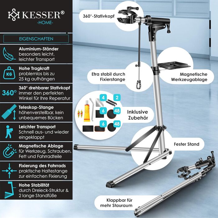 Підставка для збирання велосипедів KESSER® Profi Alu: міцна, 360° обертання, для гірських, електровелосипедів та ремонту. У комплекті сумка, ремкомплект та магнітна підставка для інструментів.