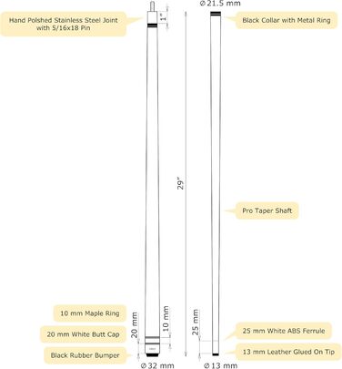 Більярдний кий ASKA L3 No Wrap, 58 дюймів, канадський клен, наконечник 13 мм, сталевий шок, 19 унцій, Schwarz