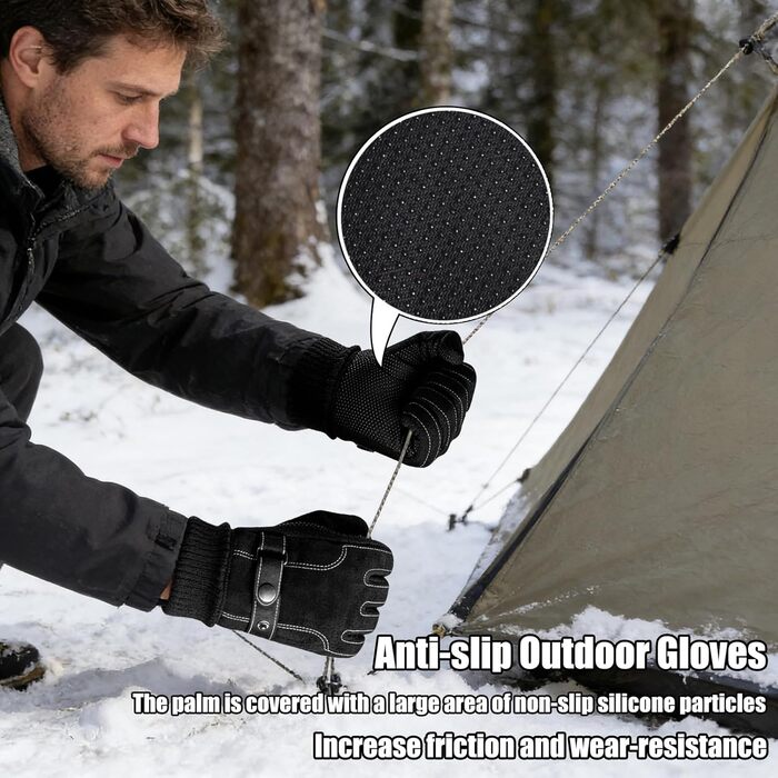 Чоловічі зимові рукавички KXF з шкіри, теплі, з флісовою підкладкою, вітронепроникні, для їзди на велосипеді, водіння, бігу, кемпінгу, походів, чорні, регульовані