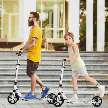 Самокат трюковий GYMAX, регульована висота, складний, 200 мм колеса, подвійне зчеплення, дзвінок, ремінь, до 100 кг, для дітей та дорослих (білий)