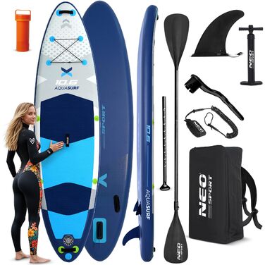 Надувний SUP Neo-Sport Stand Up Paddle Board 10.6 (320 см) з аксесуарами: насос, весло, leash, рюкзак (блакитний та сірий)