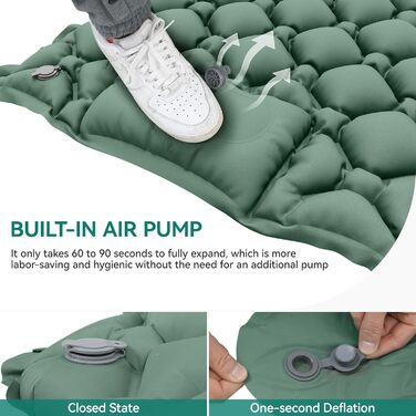 Килимок для кемпінгу YITAHOME самонадувний, ультралегкий, з вбудованим насосом та подушкою. Килимок для відпочинку на природі, подорожей та кемпінгу (зелений)