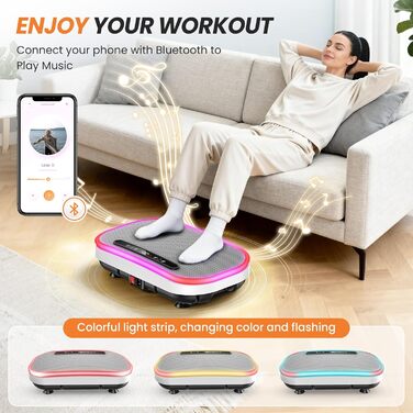 Вібраційна платформа для схуднення з еластичними гумками, 9 режимів, 120 рівнів інтенсивності, Bluetooth, LED-дисплей, місткість 150 кг, білий