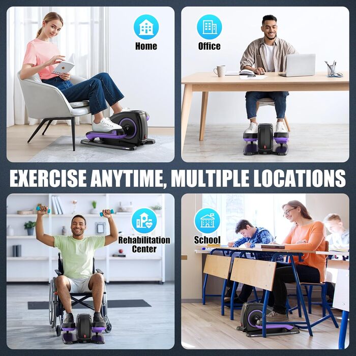 ANCHEER Міні-еліптичний тренажер під стіл - тихий педальний тренажер для літніх людей, офісу та дому, м'яке тренування ніг сидячи, інтелектуальний LCD-дисплей, пульт дистанційного керування (фіолетовий)