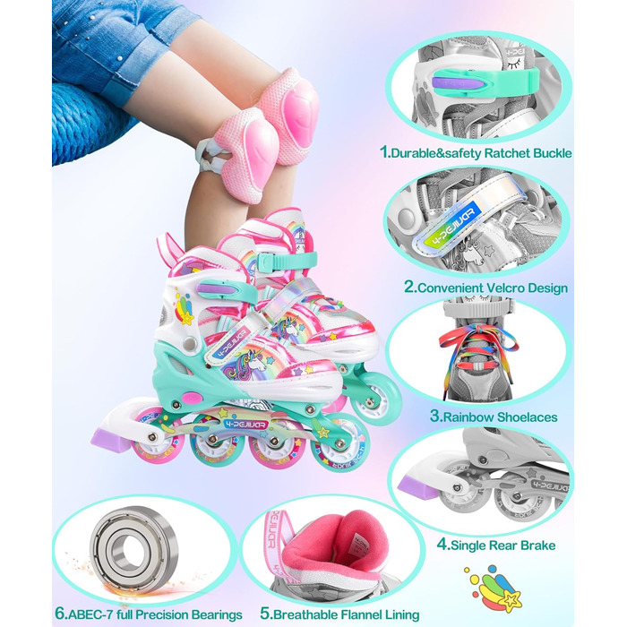 Інлайнерочки Єдиноріг для дівчаток, дитячі ролики, розмір регулюється, світлові колеса, рожево-фіолетовий колір, для початківців