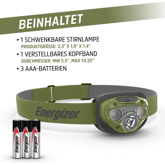 Ліхтар на лоб Energizer LED, супер яскравий налобний ліхтар для кемпінгу, відпочинку на природі та походів, батарея в комплекті, колір: іржаво-червоний (Forest Green: Нова модель)
