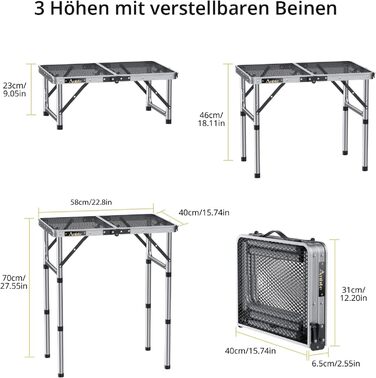 Стіл для кемпінгу Anbte Grilltisch 58x40 см, металевий, з регульованою висотою (26/48/70 см), алюмінієвий каркас, портативний, для пікніка, BBQ, саду, балкону (срібний)
