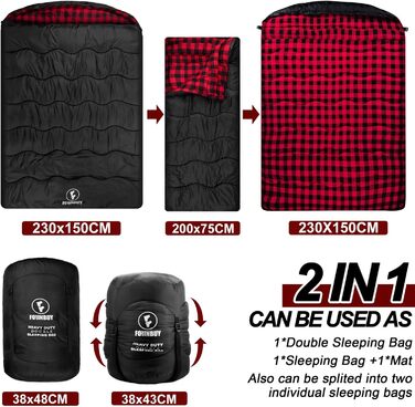 Спальний мішок Baumwolle для двох дорослих, зимовий, водонепроникний, теплий, розмір Queen, для кемпінгу та подорожей на автодомі, чорно-червоний