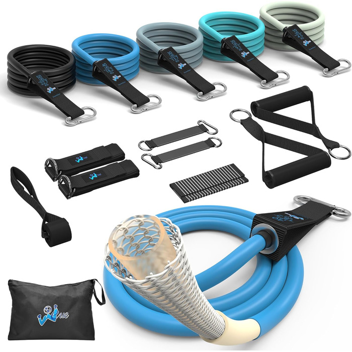 Стрічки для фітнесу Widerstandsbänder: комплект для силових тренувань, 5 еластичних стрічок, дверний анкер, ручки, сумка, для ніг та кісточок