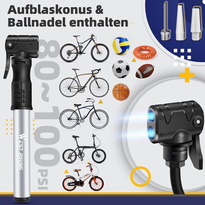 Міні-насос для велосипеда West Biking - Алюмінієвий насос для велосипеда, сумісний з усіма типами вентилів, портативний, швидке накачування шин, легкий, для MTB, шосе, м'ячів (срібний)