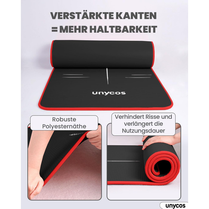 Килимок для йоги Unycos з неслизькою поверхнею | Висока щільність 6/10/15 мм, фітнес-килимок для гімнастики з ременем для перенесення【включено E-Book】Шкірно-дружній килимок для пілатесу, тренувань, спортзалу (#17 Чорний + Червоний, 183*66*1 см)