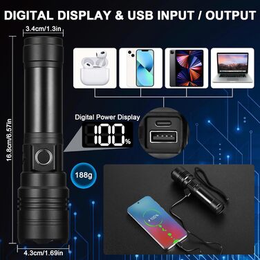 Ліхтар налобний LED USB-C, 500000 люмен, тактичний, 5 режимів, водонепроникний IPX7, для кемпінгу та відпочинку на природі