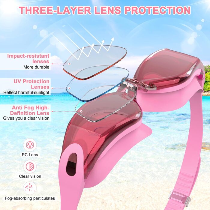 Окуляри для плавання дорослі та дитячі - антизапарник, HD лінзи, захист від УФ, водонепроникне ущільнення для тренувань, пляжу/басейну - зручна посадка, унісекс. Окуляри для плавання чоловічі та жіночі (2600-PINK)