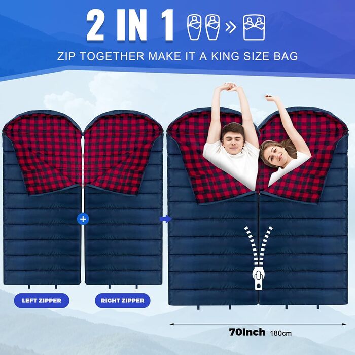 Спальний мішок Outdoor Flanell Warmer для кемпінгу: бавовняний, теплий, для 3-4 сезонів, до -1°C, XXL, 230x90 см (Navy-R-Zip)