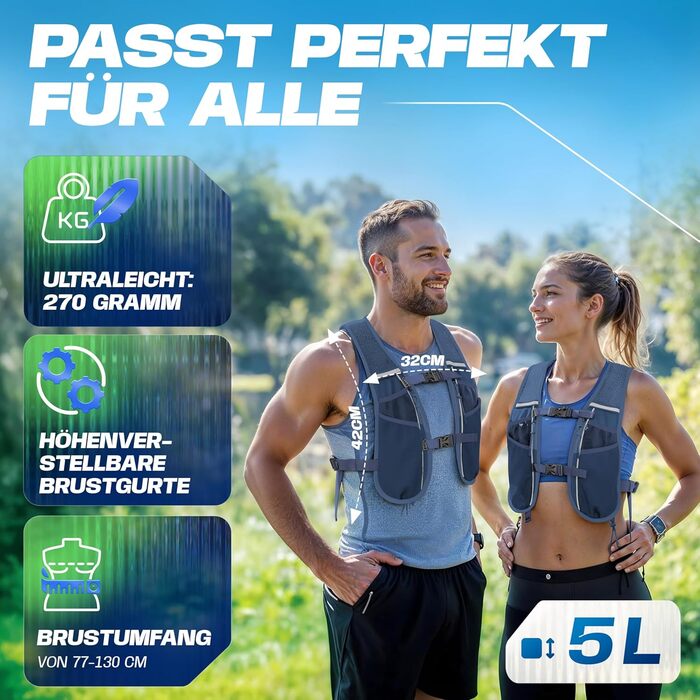 Жилет для бігу SASMO® унісекс (2L) - Ultraleicht, дихаючий, 8 кишень, гідратор 5L + 500мл (темно-синій)