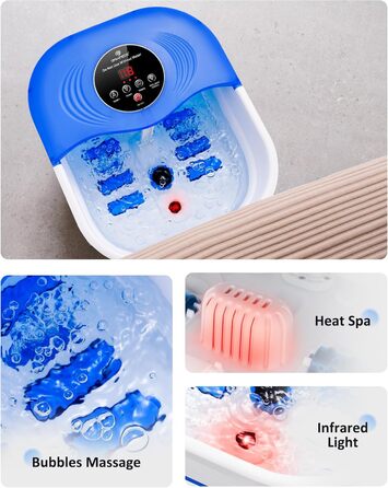 Ванночка для ніг з масажем та підігрівом, таймером – складана ванночка з бульбашками та пемзою, масажер для ніг з водою та 8 роликів – ідеальний подарунок (Блакитний)