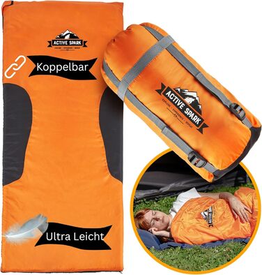 Сплячий мішок ACTIVE SPARK Зимовий - Літній, Водовідштовхуючий та Дихаючий, Кишеня для грілки ніг, Сплячий мішок - Туристичний, Кемпінг, Спальний мішок (Помаранчевий / Чорний, Літній спальний мішок / Туристична ковдра)