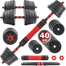 Набір гантелей та штанги C.P.Sports 2-в-1 40 кг, регульовані, для фітнесу та силових тренувань, домашній спортзал, червоно-чорний