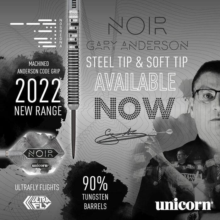 Набір дротиків Unicorn Gary Anderson Noir Phase 3/5, сталева вістря, 90% вольфрам, чорне титанове покриття, 21-24 г, у подарунковій упаковці