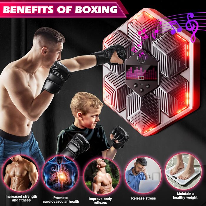 Музична боксерська машина для дорослих - 16 швидкостей, 14 режимів, Bluetooth, LED-підсвічування, з підрахунком ударів