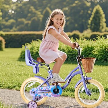 Дитяче велосипед RULLY для дівчаток з додатковими колесами, кошиком та сидінням для ляльки, регульоване сидіння, 2-7 років, рожевий/фіолетовий/блакитний (12 дюймів)