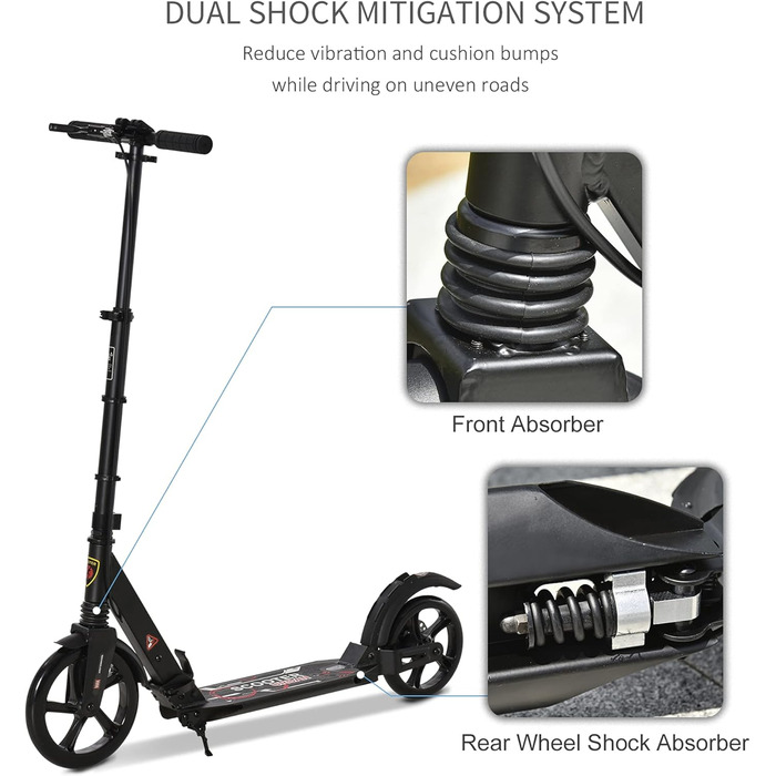 HOMCOM Скутер кикборд складаний, чорний, для підлітків та дорослих, до 100 кг, з двома гальмами та подвійною підвіскою