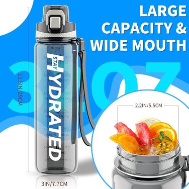 Спортивна пляшка для води 1л Tritan без BPA з міткою часу, сіра (1000 мл)