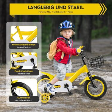 Дитячий велосипед 12 дюймів для дівчаток та хлопчиків з додатковими колесами, дзвінком та кошиком, регульована висота, від 3 років, червоний/синій/жовтий