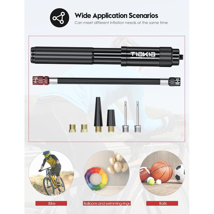 Насос для велосипеда Tiakia Mini 260PSI: компактний ручний насос для Presta, Schrader, Dunlop вентилів. Підходить для BMX, MTB, шосе, електровелосипедів. З кріпленням. Чорний.