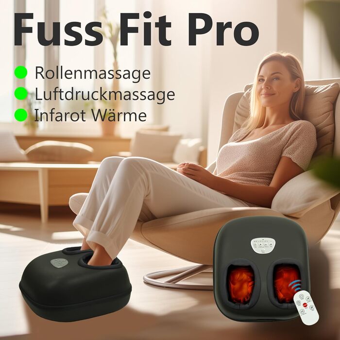 Електричний масажер для ніг Fuss Fit Pro з шиацу, тепловою функцією, роликовим і повітряним масажем, 3 рівнями інтенсивності, таймером та дистанційним керуванням