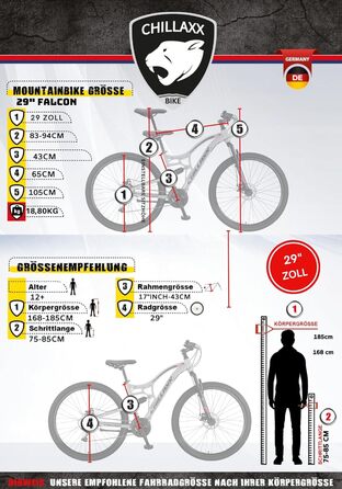 Гірський велосипед Chillaxx Bike Falcon преміум, 24/26/27.5/29 дюймів, для хлопців, дівчат, жінок і чоловіків, дискові гальма, 21 швидкість, повна амортизація, чорний-синій, V-гальмо