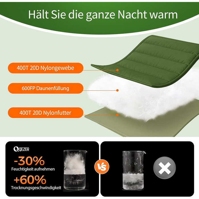 Сплячий мішок XXL з пуху на 3-4 сезони, 230x100 см, для дорослих, кемпінг, трекінг, подорожі (зелений)