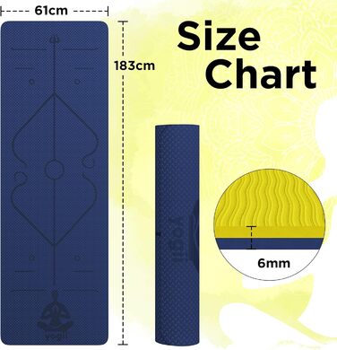 Килимок для йоги Yogii Yoga Matte: преміум TPE, 183x61x0.6 см, антиковзання, синій/золотий