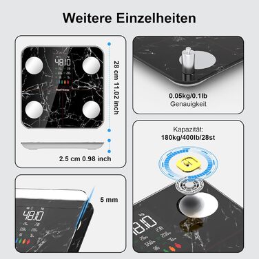 Вага тіла з аналізом складу тіла, персональна вага, Smart вага з APP, великий дисплей, чорний мармур