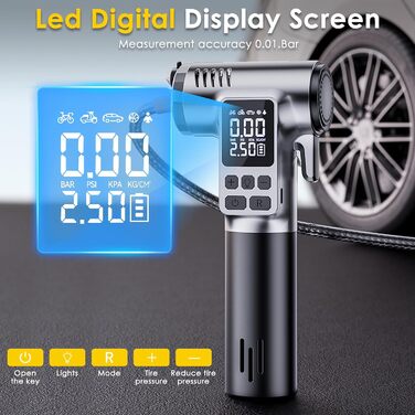 Електричний портативний компресор Bwaliffury 150 PSI, міні-насос з LED-ліхтарем і молотком безпеки, 5 режимів, для авто, мотоцикла, велосипеда