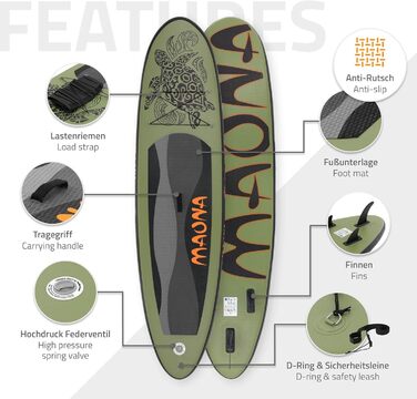 Надувний SUP Борд ECD Germany: SUP Борд Stand Up Paddle Board для Каякінгу, Розміри 305/308/320/380 см, до 120/150 кг, Товщина 10/15 см, Комплект з Рюкзаком та Сидінням для Каяка, Olive
