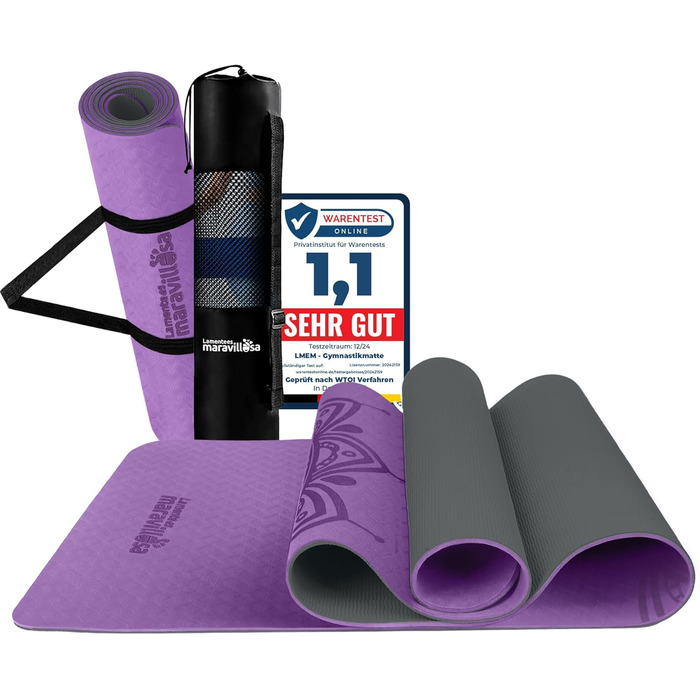 Килимок для гімнастики та йоги з неслизьким покриттям, з сумкою та E-book, 183x61 см, Мандала, фіолетовий + чорний