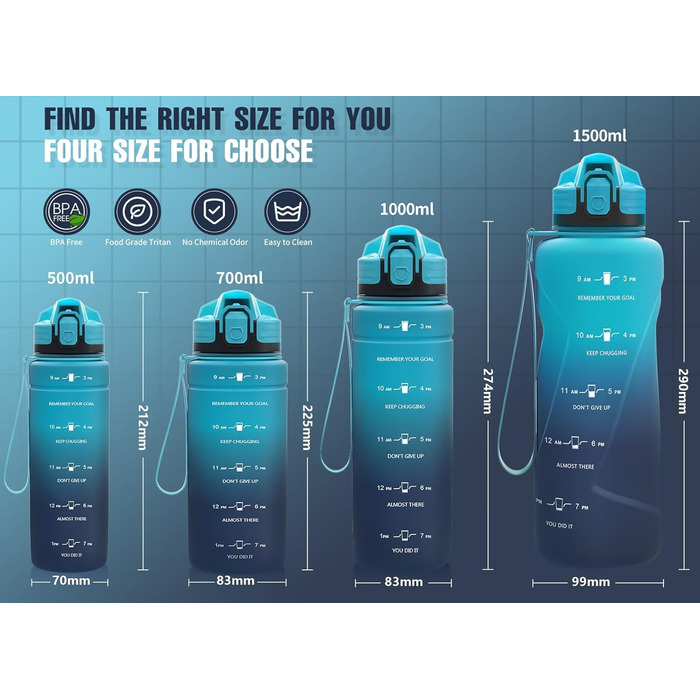 Спортивна пляшка для води 1л/500мл/700мл/1500мл Tritan, BPA-free, з маркуванням часу. Ідеально для фітнесу, велосипеда, активного відпочинку, йоги, спортзалу, школи. Темно-зелений, темно-синій (1500 мл)