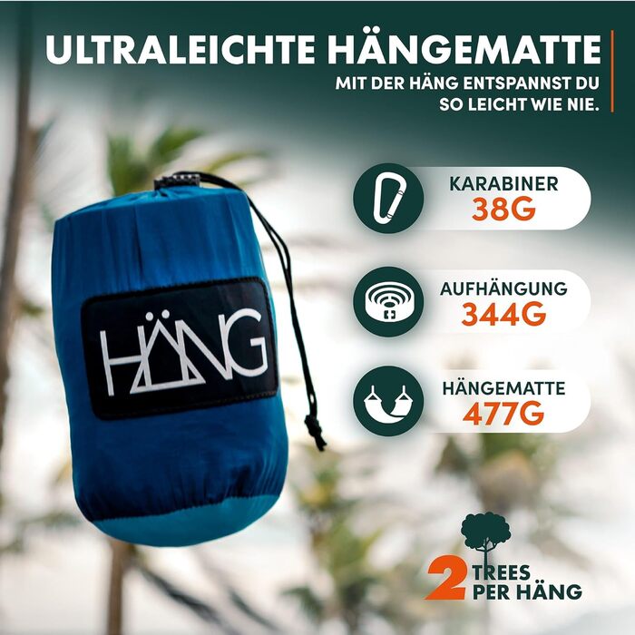 Гамак HÄNG XXL 300x170 см для 2 осіб - вуличний, водостійкий, ультралегкий (850г), вантажопідйомність 200 кг - з парашутної тканини для кемпінгу, подорожей та саду + комплект кріплень (Navy & Blue)