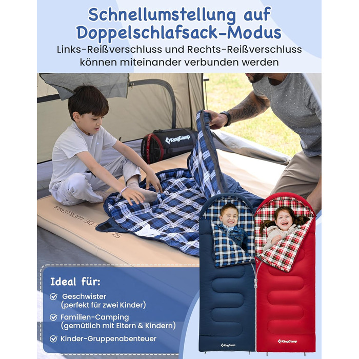 Спальний мішок дитячий KingCamp Flannel, 7°C, Navy, для дітей до 140 см, 4 сезони, водонепроникний, компактний