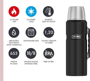 Термос із нержавіючої сталі Thermos King 1,2 л, чорний матовий, з чашкою, 12 годин гаряче / 24 години холодне, BPA free, придатний для миття в посудомийці, з ручкою