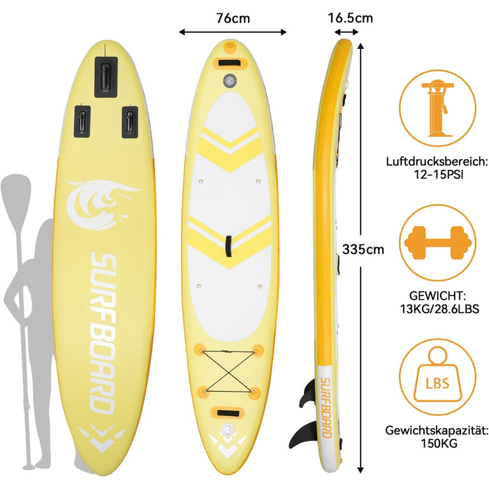Надувна SUP дошка для веслування 320/335 см, комплект із сидінням, алюмінієве весло, рюкзак, насос, до 150 кг