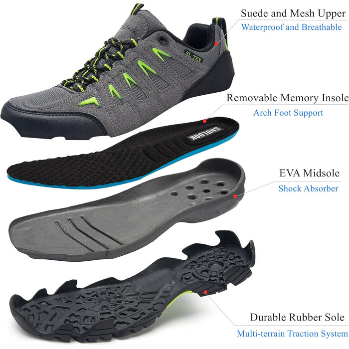 Черевики для туризму SHULOOK чоловічі водонепроникні, легкі, трекінгові, з підтримкою гомілкостопа, антиковзаючі, сірі, зелені, 44 EU