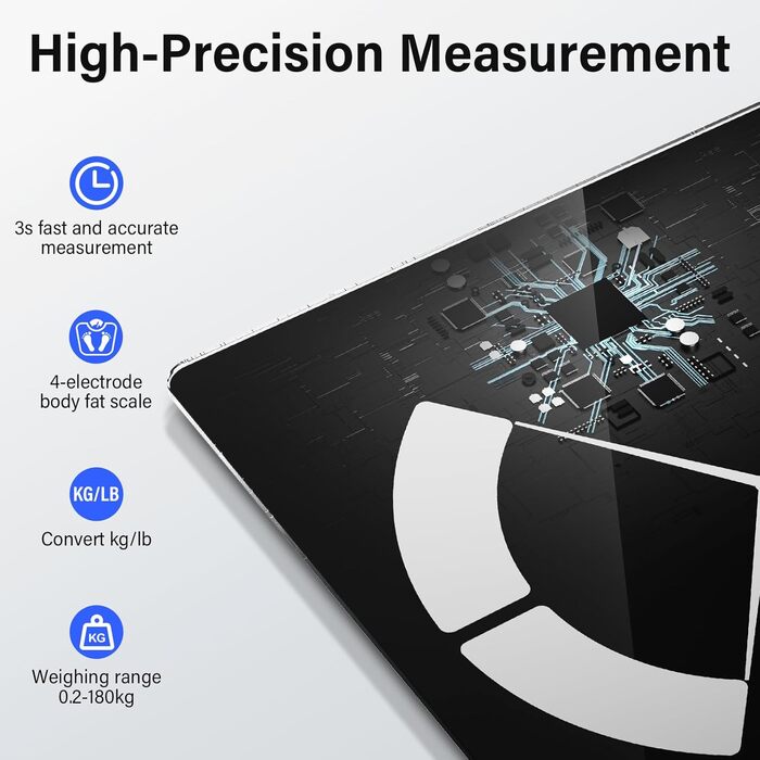 Вага для вимірювання жиру в тілі з датчиками рук, 8 електродів, цифрова вага з LCD дисплеєм, висока точність вимірювання жиру та м'язової маси з підключенням до APP, 32 показники, для вимірювання жиру, ІМТ та ін. FRKG78-BT (TZC1)